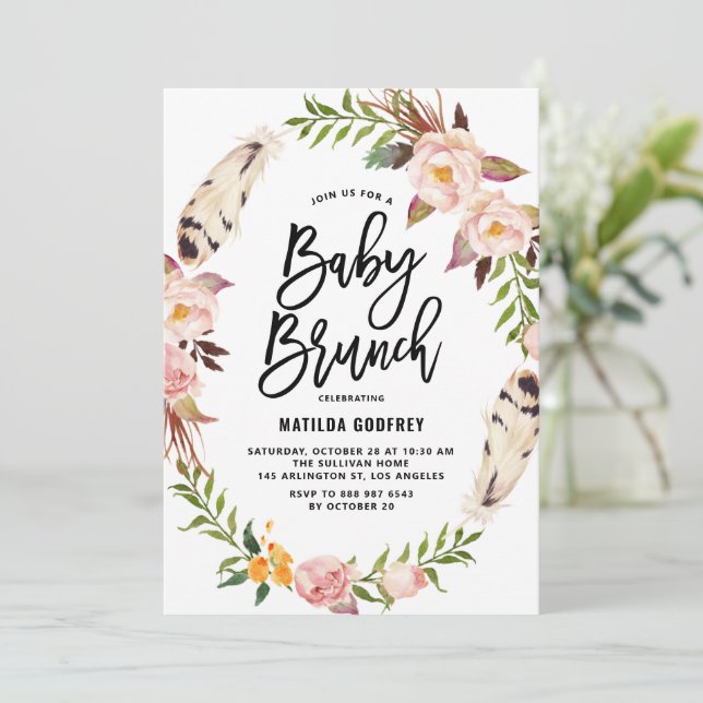 Bohemiska fjädrar Blommigt Utandning Babykläder Br Inbjudningar (Stående Fram)