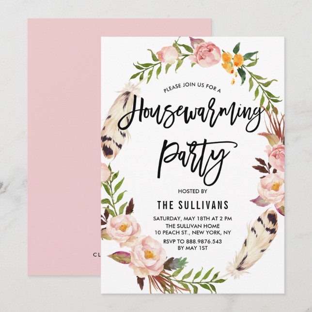 Bohemiska fjädrar Blommigt Utandning Hägern Party Inbjudningar (Fram/baksida)