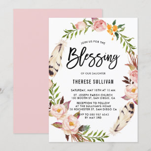 Bohemiska fjädrar och Blommigt Baby Blå andedräkt Inbjudningar