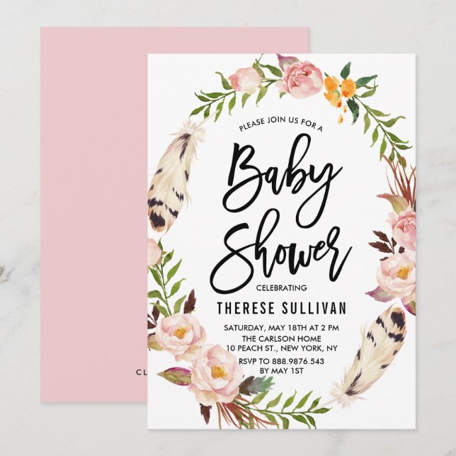 Bohemiska fjädrar och Blommigt Utandning Rosa Baby Inbjudningar (Fram/baksida)