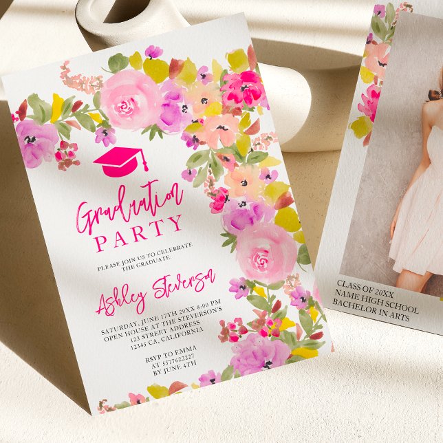 Bohemiska rosa ros-blommor vår studenten inbjudningar (Bohemian pink roses wildflowers spring graduation invitation)