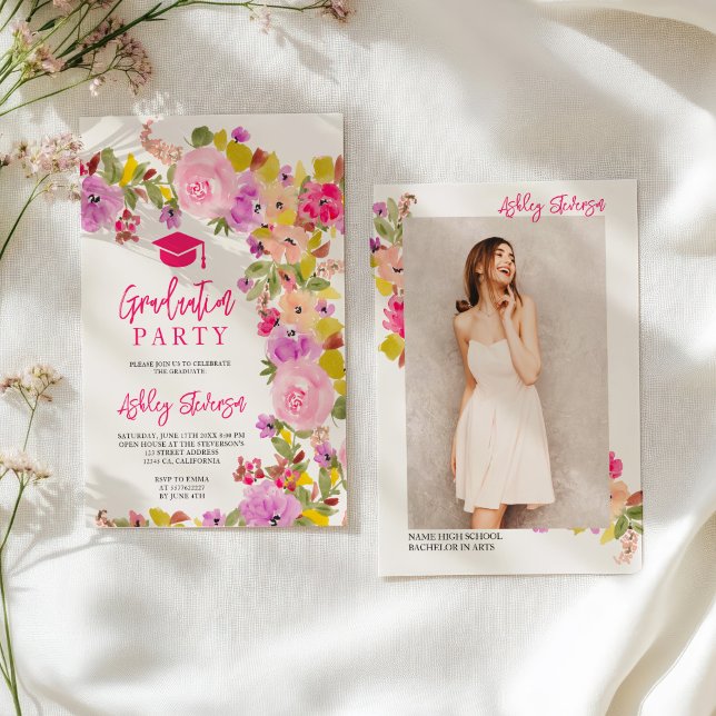 Bohemiska rosa ros-blommor vår studenten meddelande (Bohemian pink roses wildflowers spring graduation announcement)