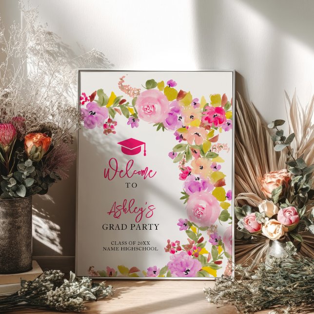 Bohemiska rosa ros-blommor vår studenten poster (Bohemian pink roses wildflowers spring graduation poster)