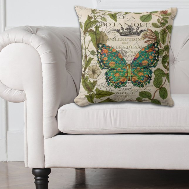 bohemiska skript fransk botanisk fjäril kudde (bohemian scripts french botanical butterfly throw pillow)