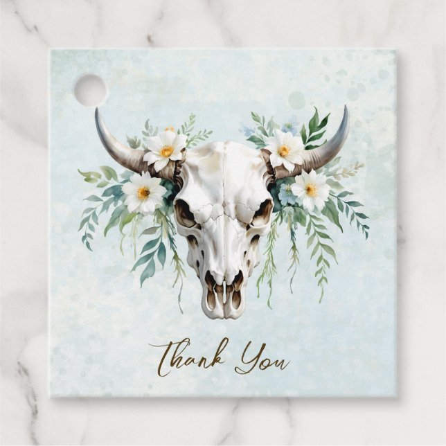 Bohemiska vattenfärgen Blommigt Cow Skull Bröllop Gåvor Etiketter (Framsida)