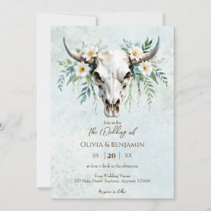 Bohemiska vattenfärgen Blommigt Cow Skull Bröllop Inbjudningar
