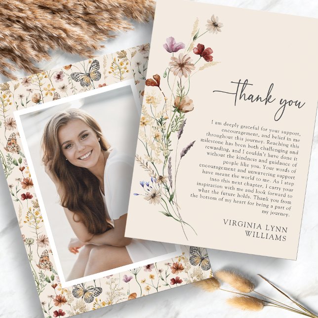 Bohemiska Vildblommor Examen Tack Kort (Bohemian Wildflowers Picture Graduation Thank You Card by Painted Paperie
)