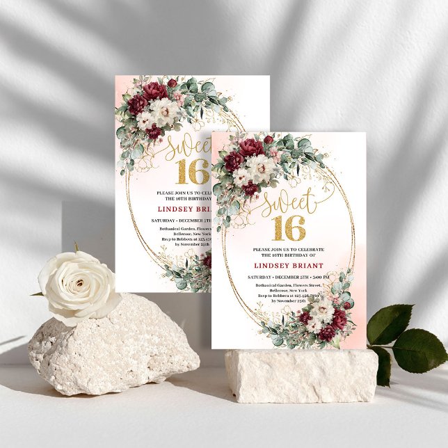 Bohemiska vinröda blommiga söta 16-års födelsedags inbjudningar (Bohemian Maroon Floral Sweet 16 Birthday Invitation)