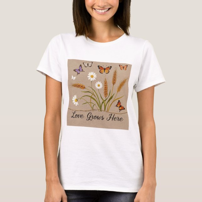 Bohemiska Wildblommor, fjärilar, vetestjälkar T Shirt (Framsida)