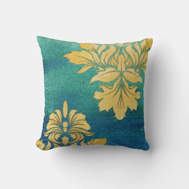 Bohemiske Desert BOHO Blue Guld Damask Lövs Art Kudde (Framsida)