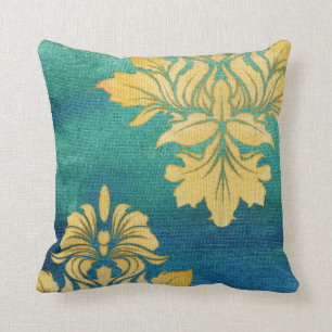 Bohemiske Desert BOHO Blue Guld Damask Lövs Art Kudde