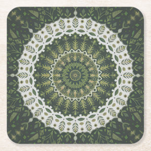 Bohemiske Eclectic Stil Grönt Leafy Mandala Underlägg Papper Kvadrat