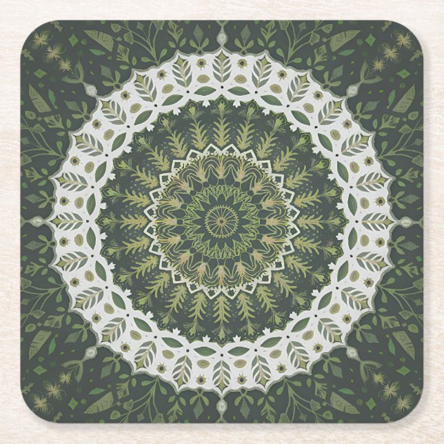 Bohemiske Eclectic Stil Grönt Leafy Mandala Underlägg Papper Kvadrat (Framsidan)
