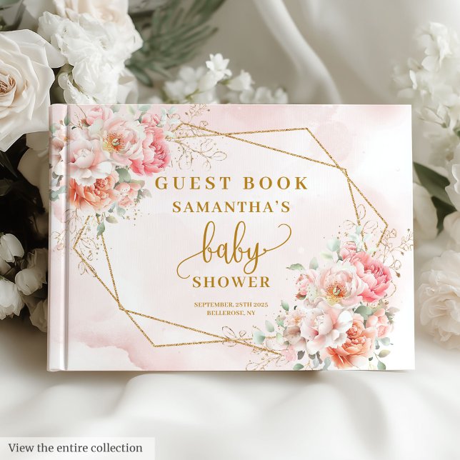 Bohemiske pastel rosa sage blommigt guld babydusch gästböcker (Bohemian pastel pink sage floral gold baby shower Guest Book)
