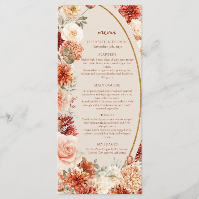 Bohemiskt färgat fall blommigt söndrar rostfärgad, meny (Framsida)