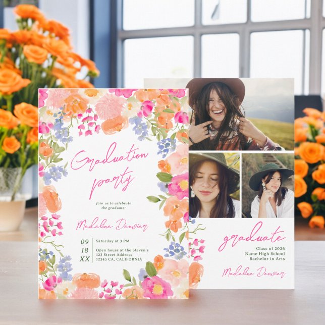 Bohemiskt fet vilda blommor studenten inbjudningar (Bohemian bold wildflowers photos graduation invitation)