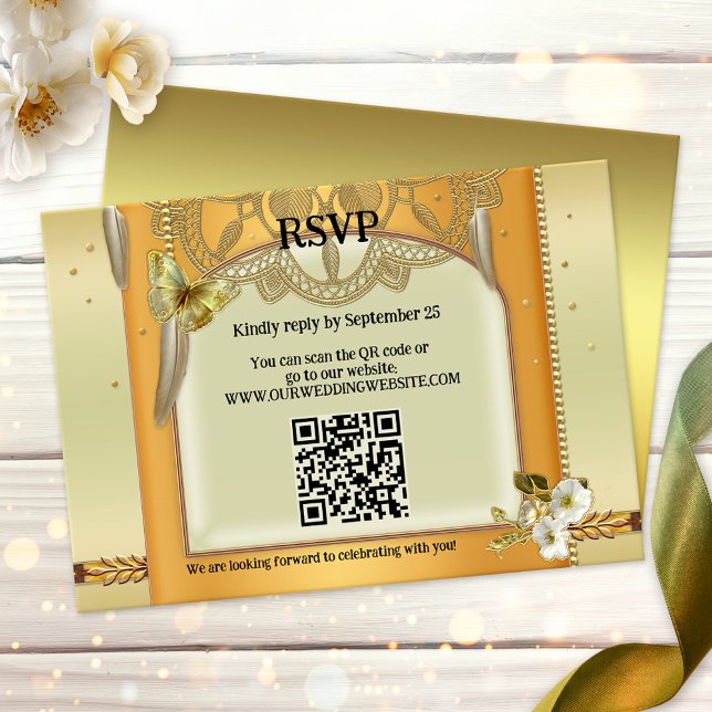 Bohemiskt QR-kodDreamcatcher-Bröllop OSA Inbjudningar (RSVP card featuring a dreamcatcher inspired gold design with feathers with a QR code template)