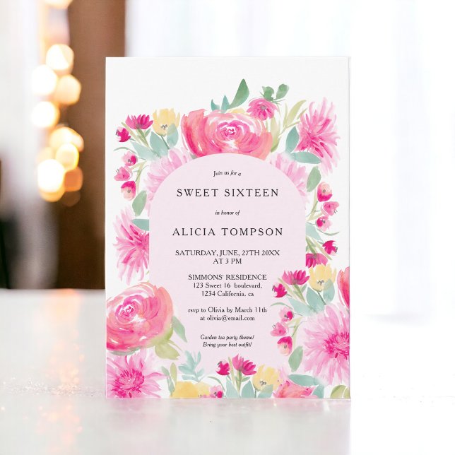 Bohemiskt rosa blommigt Arch chic Sweet 16 Inbjudningar (Bohemian pink floral arch chic Sweet 16 Invitation)
