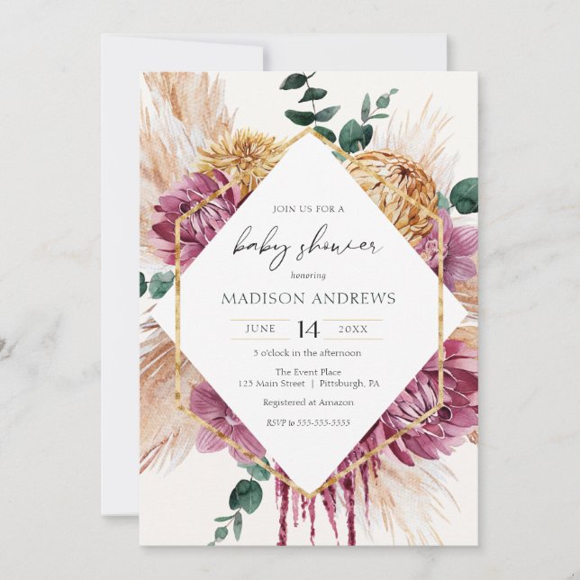 Bohemiskt torkat Bouquet-babyskor Inbjudningar (Framsida)