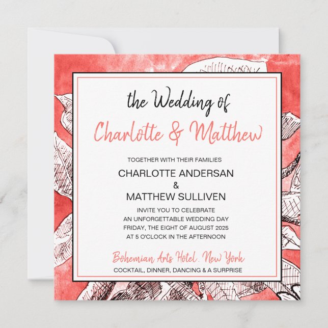 Bohemsk blomsterkorall teckning vattenfärg bröllop inbjudningar (Framsida)