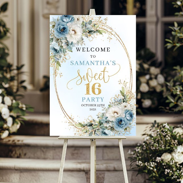 Bohemsk Pastellblå Sweet 16 Välkomstskylt Poster (Bohemian Pastel Blue Sweet 16 Welcome Sign)