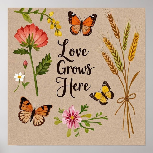 Bohemska vilda blommor, fjärilar, veteax poster (Framsidan)