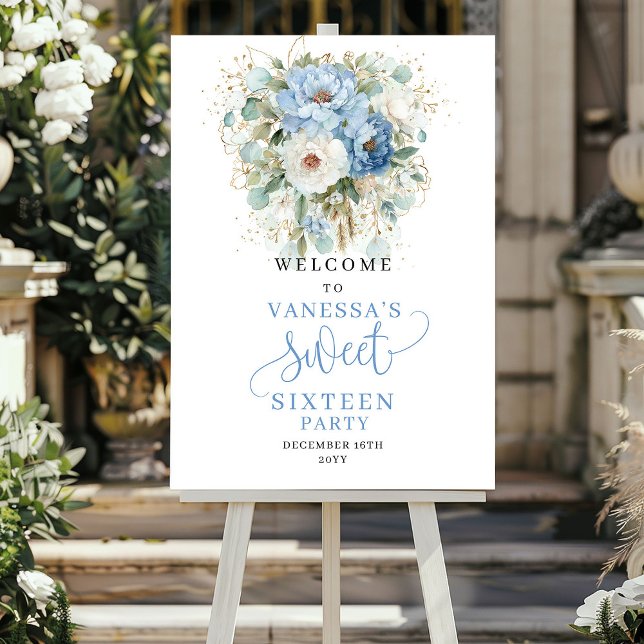Bohemskt Blå Blommor Guld 16-års Födelsedagsfirand Poster (Bohemian Blue Flowers Gold 16th Birthday Welcome)