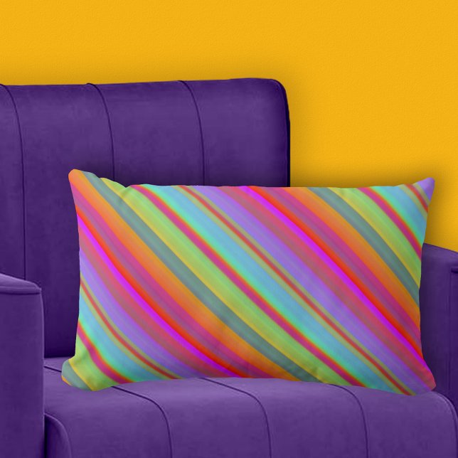 Bohemskt färgstarkt, fetstilt, kantad, liggande lumbarkudde (Lumbar pillow with a retro bohemian colorful striped pattern)