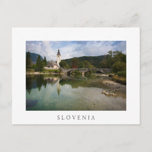 Bohinj sjö med kyrka i Slovenien, vitt vykort