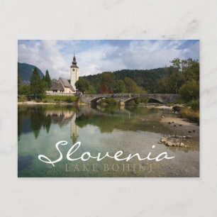 Bohinj sjö med kyrka, slovenska dubbla textkort vykort
