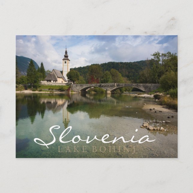 Bohinj sjö med kyrka, slovenska dubbla textkort vykort (Framsida)