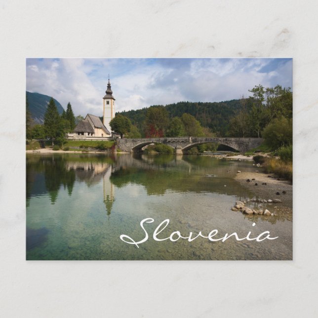 Bohinjsjön med kyrka i Slovenien text vykort (Framsida)