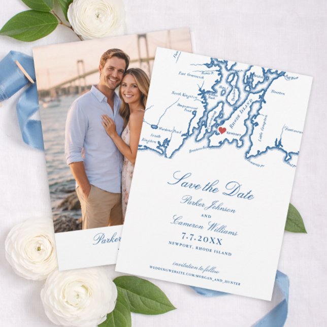 Bohlin Spara datum med foto Newport Harbor Datumet (The Bohlin Save the Date with Photo – Newport Harbor Wedding Map Card by Coastal Map Designs)