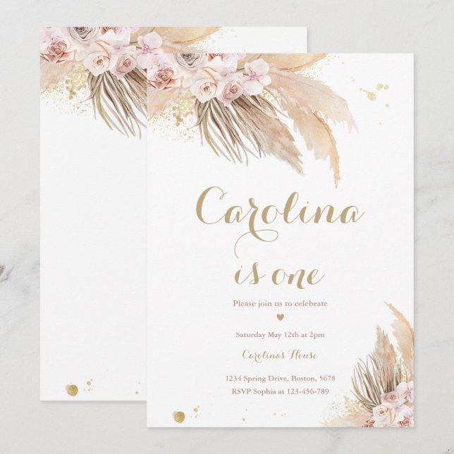 Böhmen 1:a födelsedag Party Boho Pampas Grass Inbjudningar (Fram/baksida)