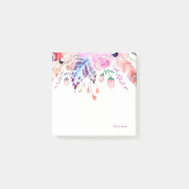 Böhmen, boho, rosa, blommigt, fjäder, trendig. post-it block (Framsida)