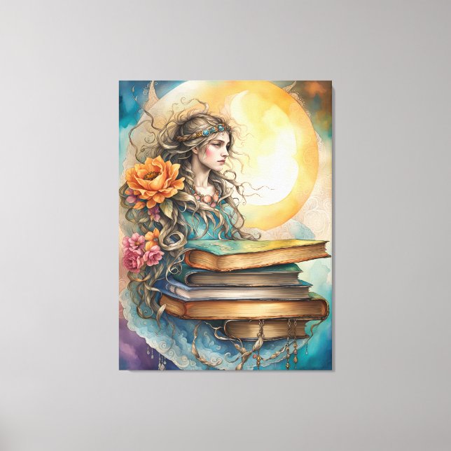 Böhmen Stil Dam, Måne, Blommor och Bokar Canvastryck (Framsida)
