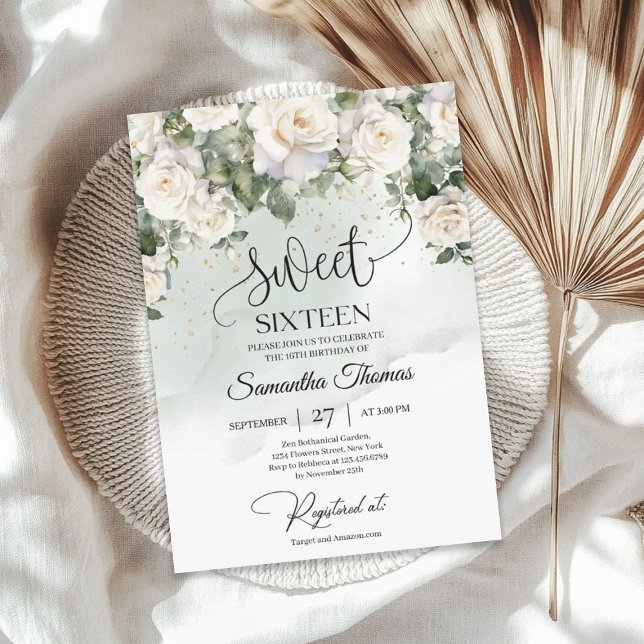 Böhmen vit ros och eucalyptus greenery guld inbjudningar (Bohemian white roses and eucalyptus greenery gold invitation)