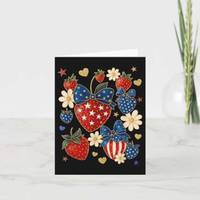 Boho 4:e juli Preppy Strawberry, USA Patriotic Kort (Framsida)