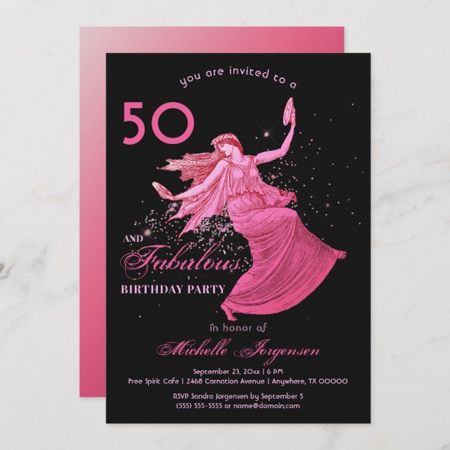 Boho 50:e födelsedag Kvinna Rosa Dancer Glitter Pa Inbjudningar (Fram/baksida)