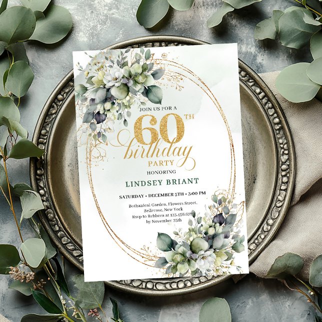 Boho 60-års födelsedags botaniska gröna inbjudan (Boho 60th Birthday Botanical Green Invite

)