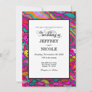 Boho 60-talets inbjudan till Retro Colorful Weddin