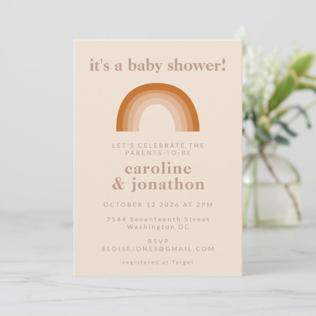 Boho 70-talets Rainbow Terracotta Par Baby Shower Inbjudningar (Stående Fram)
