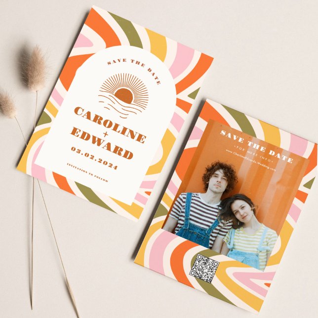 Boho 70-tals Groovy Våsig Sol Spara datum Qr-kod Datumet (Skapare uppladdad)