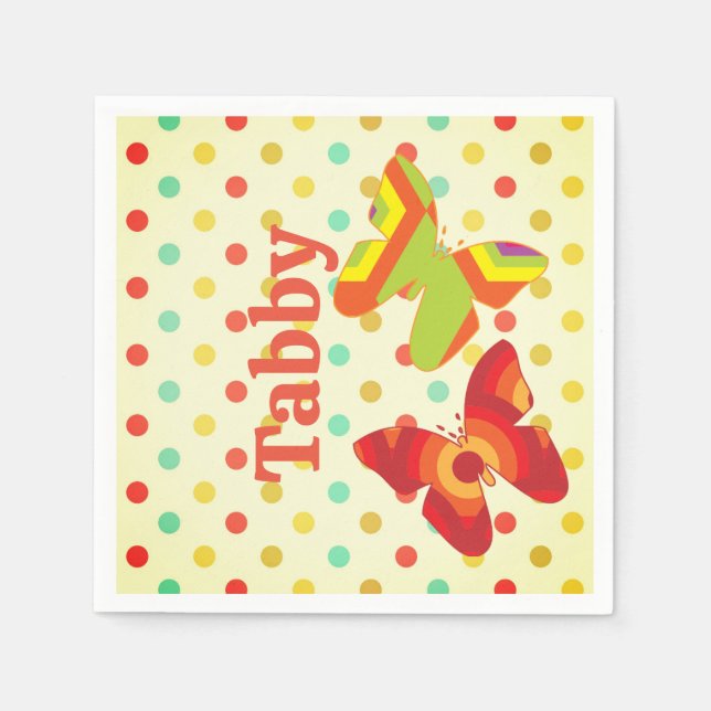 Boho 70's rand polka dot butterfly orange gult pappersservett (Framsidan)