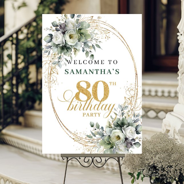 Boho 80-års Grönska Guld Födelsedags Välkomstskylt Poster (Boho 80th Greenery Gold Birthday Welcome Sign)