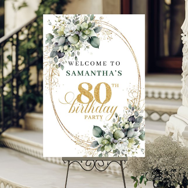 Boho 80-årsfirande Grön och Guld Välkomstskylt Poster (Boho 80th Birthday Green and Gold Welcome Sign)