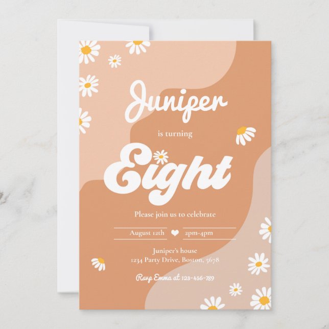 Boho 8:e födelsedag Blommigt Groovy 70:s Party Inbjudningar (Framsida)