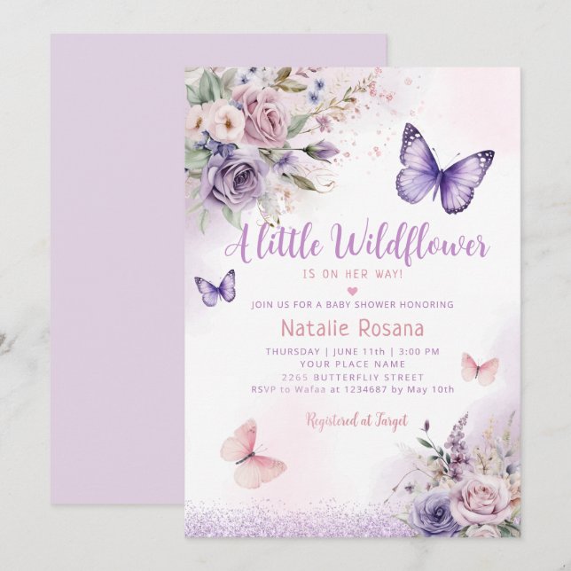 Boho A Little Butterfly Blommigt Girl Baby Shower Inbjudningar (Fram/baksida)