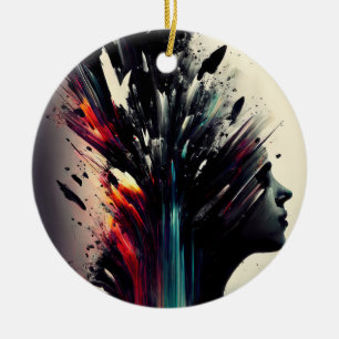 Boho abstrakt art med flicka ansikte julgransprydnad keramik