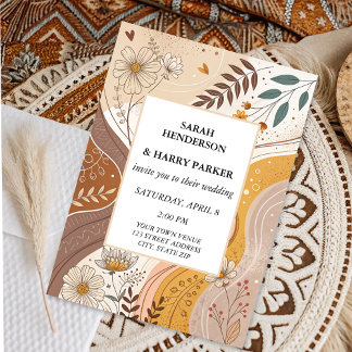 Boho Abstrakt Beige Blommigt Bröllop Inbjudningar